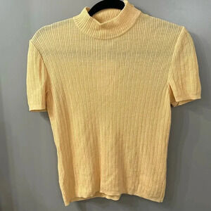 St. John Collection Shirt Yellow Ribbed Shirt Mock Neck Short Sleeve Size Medium